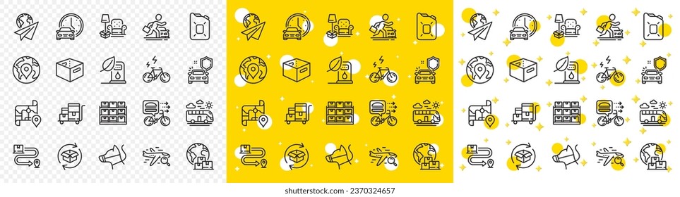 Outline Canister oil, Dog leash and Storage line icons pack for web with Car rental, Map, Office box line icon. Car secure, Inventory cart, Paper plane pictogram icon. Vector