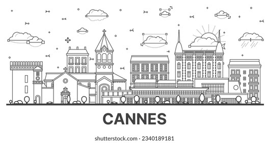 Outline Cannes France City Skyline with Modern and Historic Buildings Isolated on White. Vector Illustration. Cannes Cityscape with Landmarks.