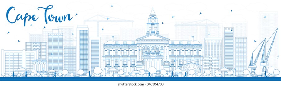 Outline Cape town skyline with blue buildings. Vector illustration. Business travel and tourism concept with modern buildings. Image for presentation, banner, placard and web site.