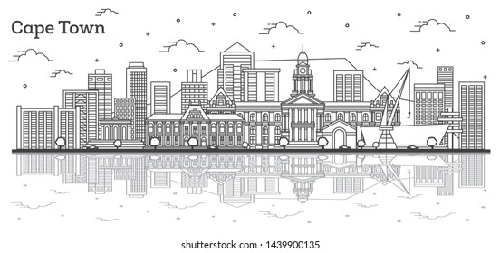 Outline Cape Town South Africa City Skyline with Modern Buildings and Reflections Isolated on White. Vector Illustration. Cape Town Cityscape with Landmarks. 
