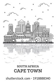 Outline Cape Town South Africa City Skyline with Modern Buildings and Reflections Isolated on White. Vector Illustration. Cape Town Cityscape with Landmarks. 