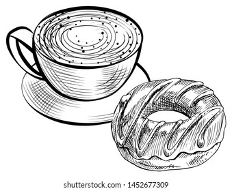 Outline of cappuccino and donut on white, bakery and java. Sketch of caffeine drink and chocolate dessert, tasty food with espresso beverage, shop vector