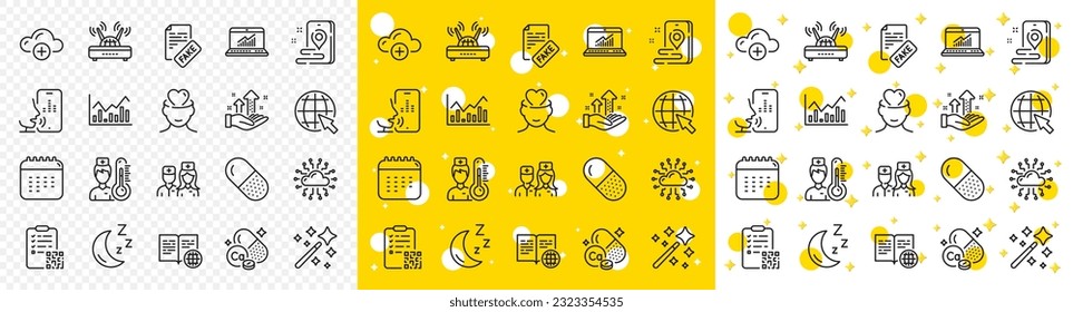 Outline Capsule pill, Online statistics and Calendar line icons pack for web with Internet book, Doctor, Cloud computing line icon. Mental health, Voicemail, Wifi pictogram icon. Moon. Vector