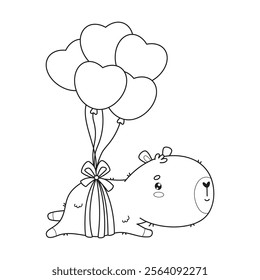 Outline capybara with balloons hearts. Funny cartoon kawaii character animal. Line drawing, coloring book. Vector illustration. Kids collection