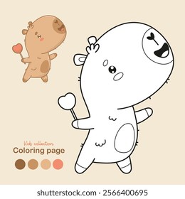 Outline capybara with heart. Happy cartoon kawaii animal. Isolated colored and Line drawing, coloring page. Vector illustration. Kids collection.