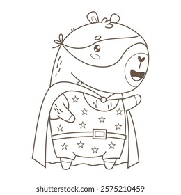 Outline Capybara Superhero in Mask and Star Cloak. Funny Cartoon kawaii animal. Line drawing, coloring page. Vector illustration. Kids collection