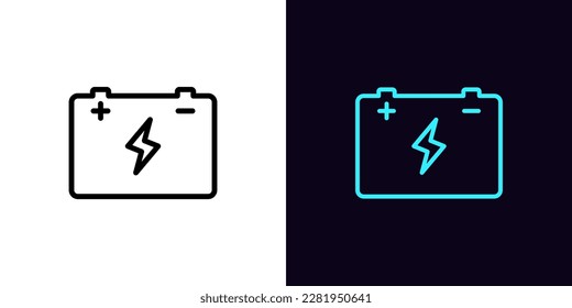 Outline car accumulator icon, with editable stroke. Car battery with lightning sign, electric accumulator pictogram. Vehicle battery, electric generator, charging station, auto service. Vector icon