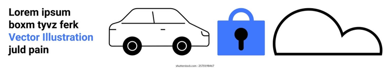 Outline of a car, a blue lock symbol, and a simplified cloud shape. Ideal for automotive safety, digital security, online storage, technology integration, cybersecurity. Banner for landing page