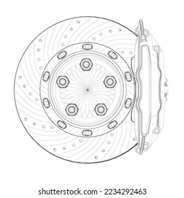 Outline of a car brake disc with a brake shoe from black lines isolated on a white background. Front view. 3D. Vector illustration.