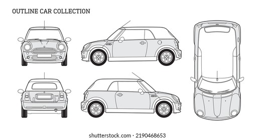 Outline car collection. Line drawing transport. Vintage shape. Vehicle side, top, front. Auto technical drawing. Auto, transportation models.