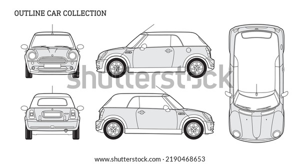 Outline car collection. Line drawing transport.\
Vintage shape. Vehicle side, top, front. Auto technical drawing.\
Auto, transportation\
models.