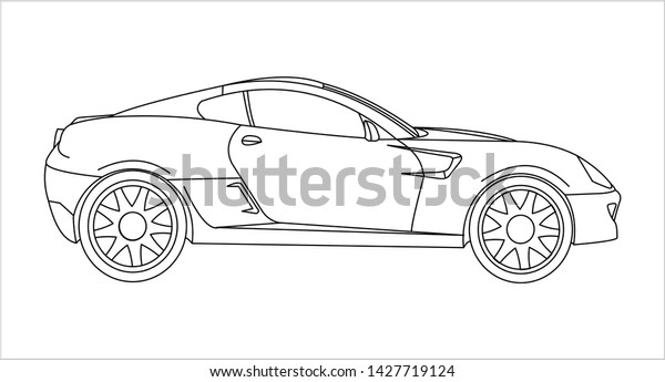 Outline Car Coloring Book For kids and\
adults. Fast Racing Car, Side view. Modern flat Vector illustration\
on white background.