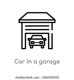 outline car in a garage vector icon. isolated black simple line element illustration from mechanicons concept. editable vector stroke car in a garage icon on white background