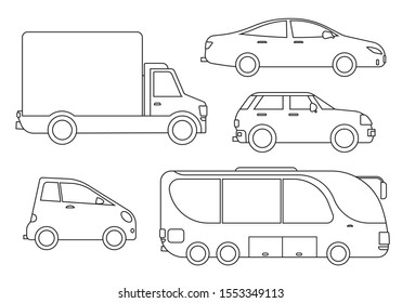 Outline Car Icon Set.  Big And Small Auto, Bus And Truck