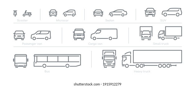 Outline car icons, different types of transportation, front and side view