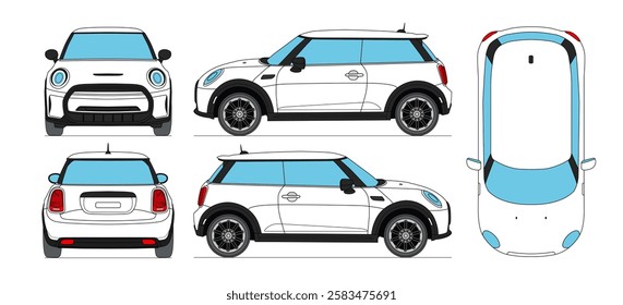 Outline car mockup vector for branding on white background. With Side, Front, Rear Views.