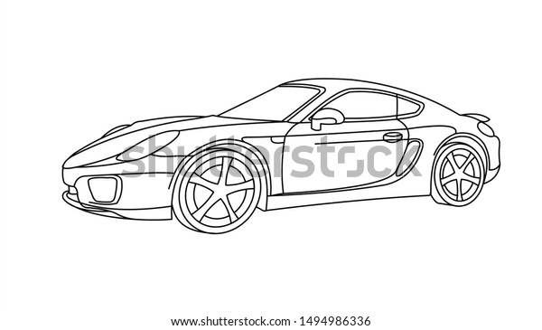 Outline Car, Side view, Three-quarter\
view. Car for coloring; for kids coloring book. Fast Racing car.\
Modern flat Vector illustration on white\
background.