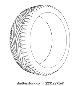 Outline of a car tire from black lines isolated on a white background. Side view. 3D. Vector illustration.