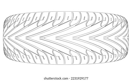 Outline of a car tire from black lines isolated on a white background. View above. 3D. Vector illustration.