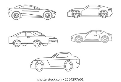 Outline car vector drawing concept design.Vehicle outline sketch illustration isolated on white background.car line art for coloring book.Car icon set.Transport symbol.Vector illustration.