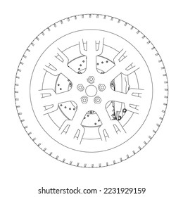 Outline of a car wheel from black lines isolated on a white background. Side view. 3D. vector illustration.