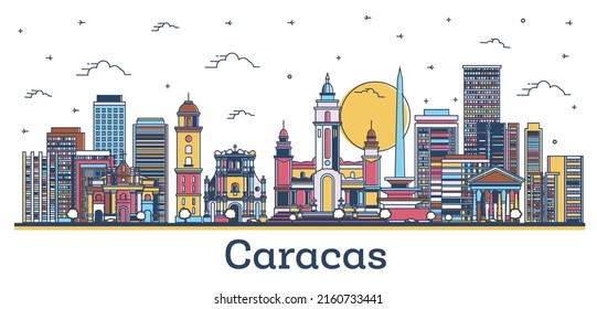 Outline Caracas Venezuela City Skyline with Colored Historic Buildings Isolated on White. Vector Illustration. Caracas Cityscape with Landmarks.