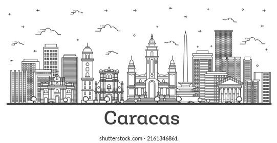 Outline Caracas Venezuela City Skyline with Modern and Historic Buildings Isolated on White. Vector Illustration. Caracas Cityscape with Landmarks.