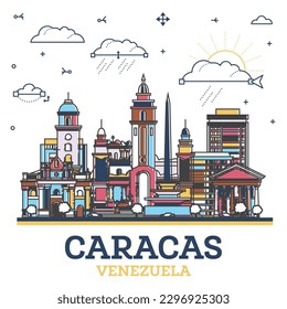 Outline Caracas Venezuela City Skyline with Colored Historic Buildings Isolated on White. Vector Illustration. Caracas Cityscape with Landmarks.