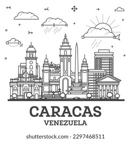 Outline Caracas Venezuela City Skyline with Modern and Historic Buildings Isolated on White. Vector Illustration. Caracas Cityscape with Landmarks.