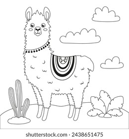 outline card with cute llama, black and white background for coloring with alpaca, cartoon card for kids, flat vector illustration