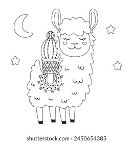 outline card with cute llama and cactus, black and white background for coloring with alpaca, cartoon card for kids, flat vector illustration