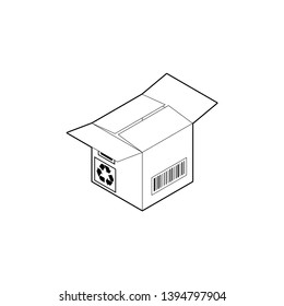 Outline cardboard box icon. Empty corrugated box with two open and two closed flaps. Isometric vector isolated on white background.