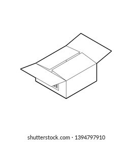 Outline cardboard box icon. Empty corrugated box with two open and two closed flaps. Isometric vector isolated on white background.