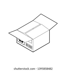 Outline cardboard box icon. Empty corrugated box with two open and two closed flaps. Isometric vector isolated on white background.