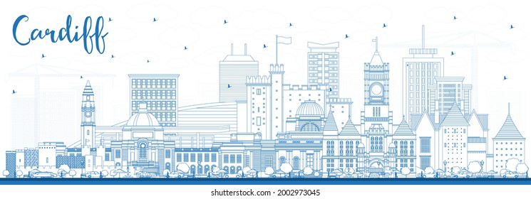 Outline Cardiff Wales City Skyline with Blue Buildings. Vector Illustration. Cardiff UK Cityscape with Landmarks. Business Travel and Tourism Concept with Historic Architecture.