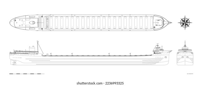 Esquema del plano de envío de carga. Vistas industriales frontales, laterales y superiores del barco. Dibujo del contorno del transporte marítimo. Gráfica de la industria aislada. Ilustración del vector