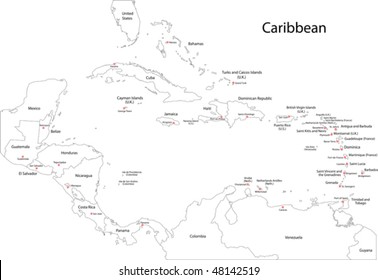 Outline Caribbean map with countries and capital cities