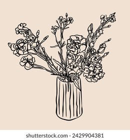 Ramo de clavel en un jarrón de vidrio. Dibujado a mano ilustración vectorial. Elegante estilo de una línea continua. Elemento de diseño floral aislado. Póster, impresión, tarjeta, plantilla de decoración