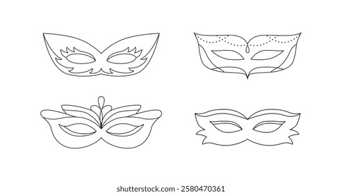 Outline carnival masks. Contour, linear drawing, sketch. Coloring book. Festival costume element. Mardi Gras mask. Brazil carnival, Venice. Masquerade. Vector.