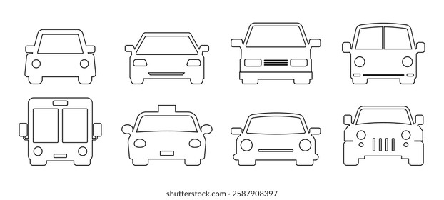 Outline Cars vector icons set, Isolated  Black Land Vehicle symbol, Silhouette Traffic Clip art, Transportation graphic elements for decoration in Modern minimal style, Infographic, Editable