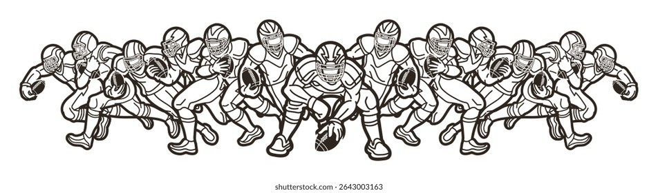 Outline Cartoon American Football Players Mix Action Sport Graphic Vector
