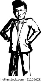 Outline cartoon of angry man with hands on hips