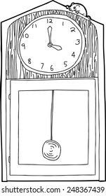 Outline of cartoon antique clock with mouse on top