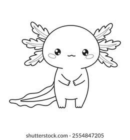 Outline cartoon Axolotl character. Line drawing, coloring book. Vector illustration. Kids collection