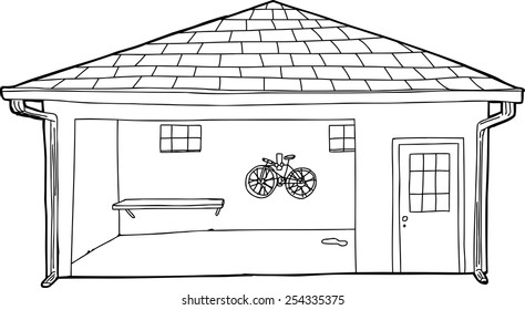 Outline cartoon of bike in garage with shelf