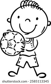 Outline cartoon boy standing and holding a soccer ball. Isolated character