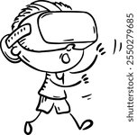 Outline cartoon boy wearing a VR headset, doodle kid using virtual reality glasses. Children using digital technology