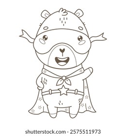 Outline cartoon Capybara Superhero in mask and star cloak. Funny kawaii character animal. Line drawing, coloring book. Vector illustration. Kids collection