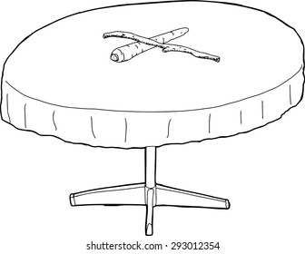 Outline cartoon of carrot and stick on table