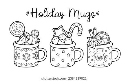 Outline cartoon Christmas cocoa mugs for holiday design. Xmas coffee cups with candy, gingerbread, cinnamon, marshmallow. Vector contour illustrations of New Year drinks perfect for coloring page.